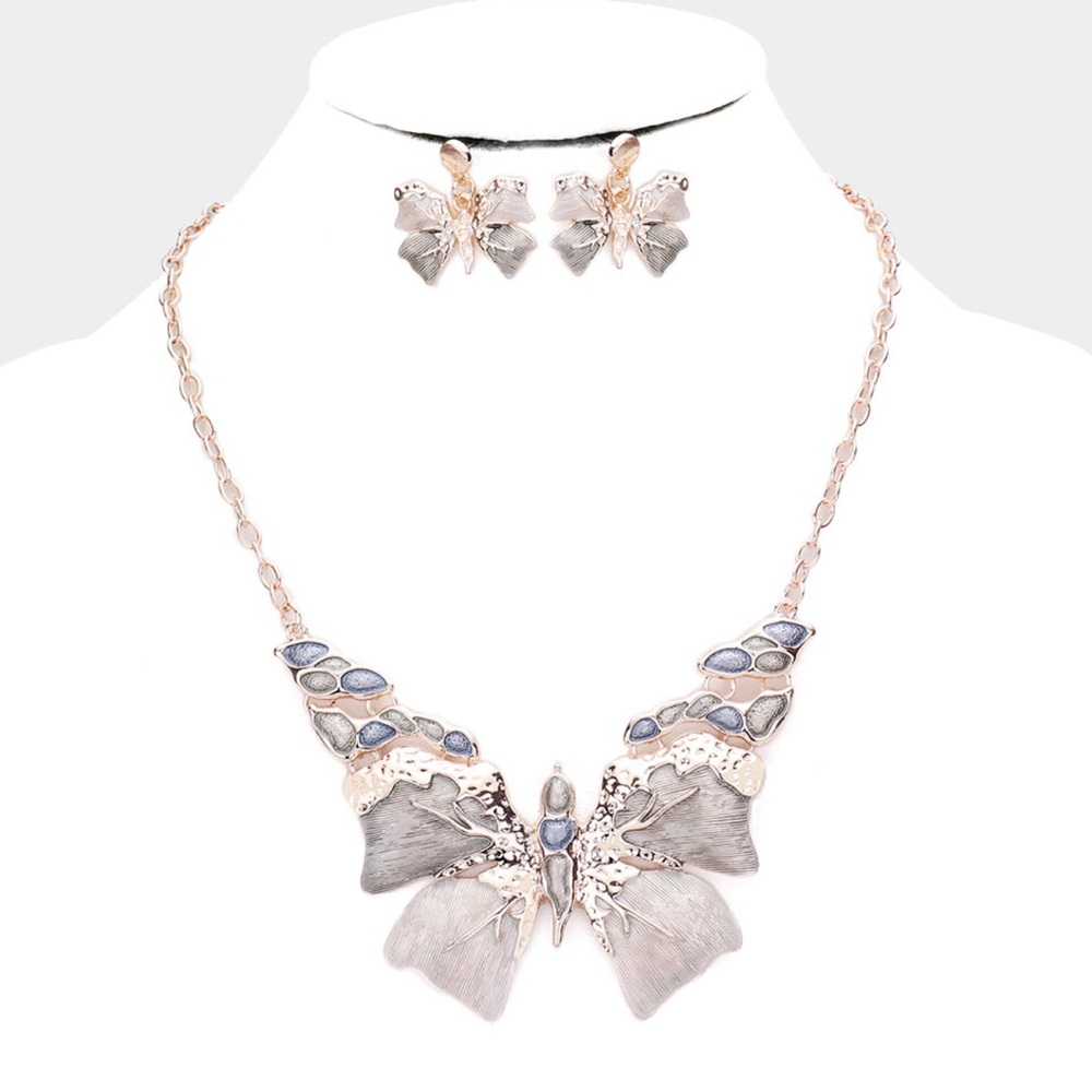 Rose Gold Glamour Enamel Textured Butterfly Collar Statement Necklace
